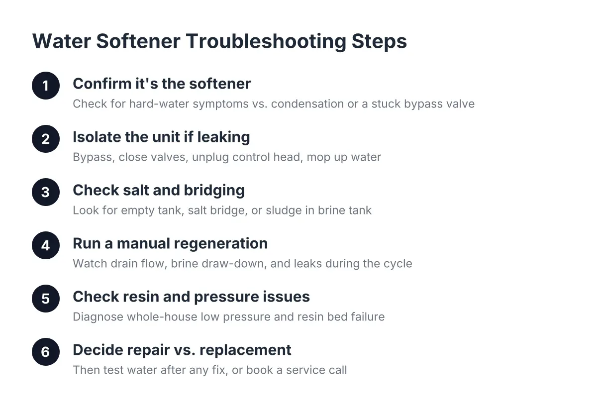Numbered diagram of water softener troubleshooting steps from diagnosis to repair decision