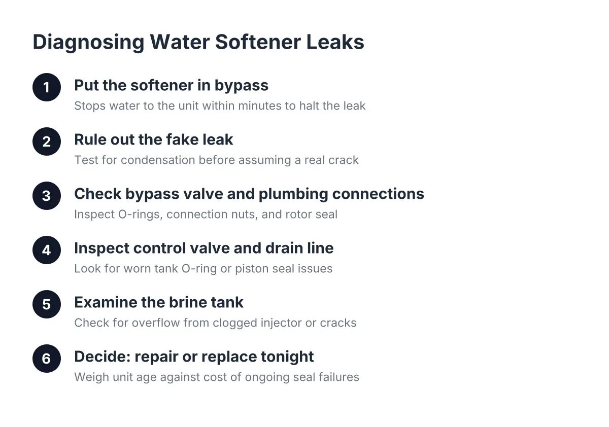 Step sequence diagram for diagnosing water softener leak locations at home