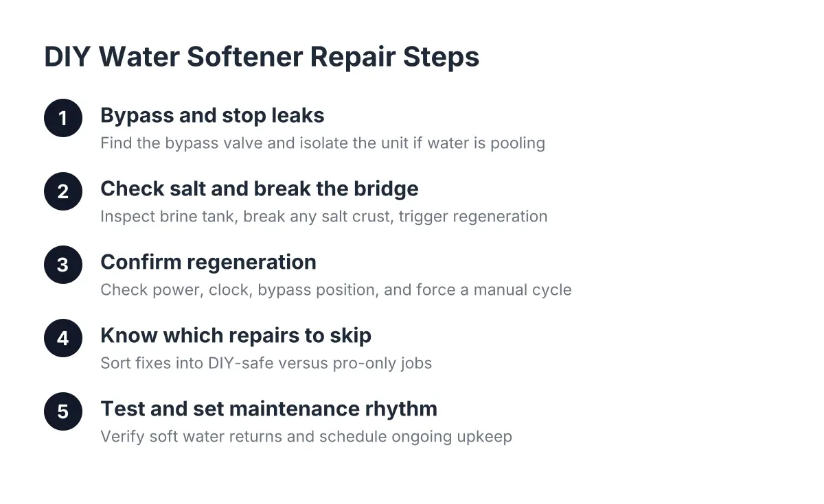 Diagram of five steps in DIY water softener repairs from bypass to maintenance