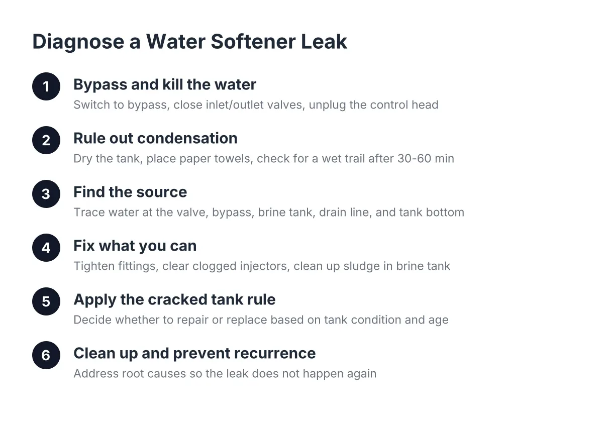 Six-step process to diagnose water softener leak causes and fixes