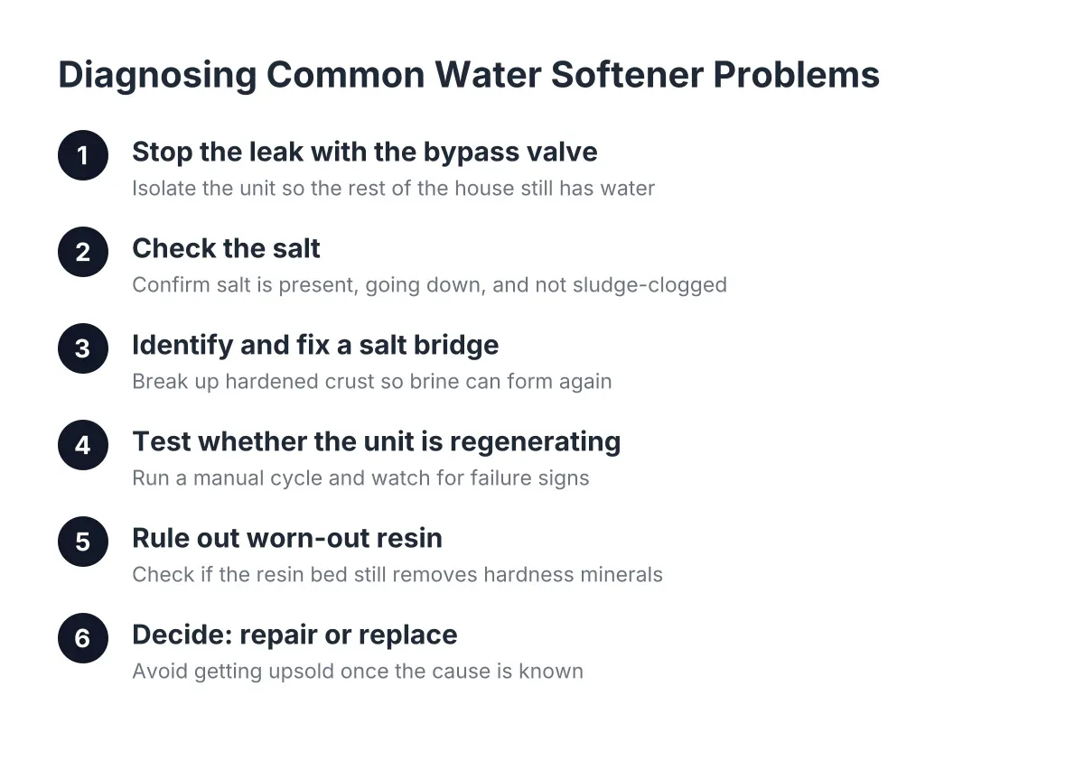 Six-step process for diagnosing common water softener problems including salt bridges