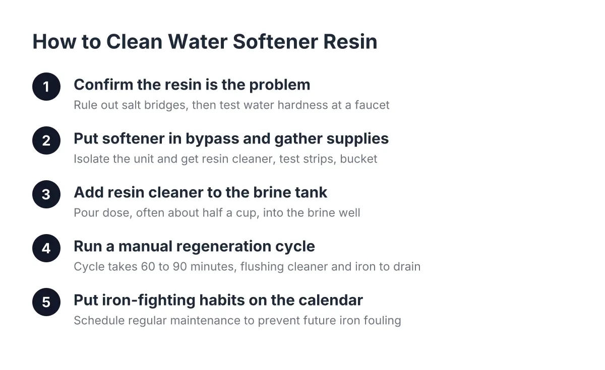 Five-step process diagram for cleaning water softener resin and removing iron buildup