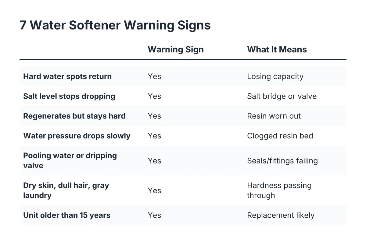 Checklist of water softener warning signs and what each one means