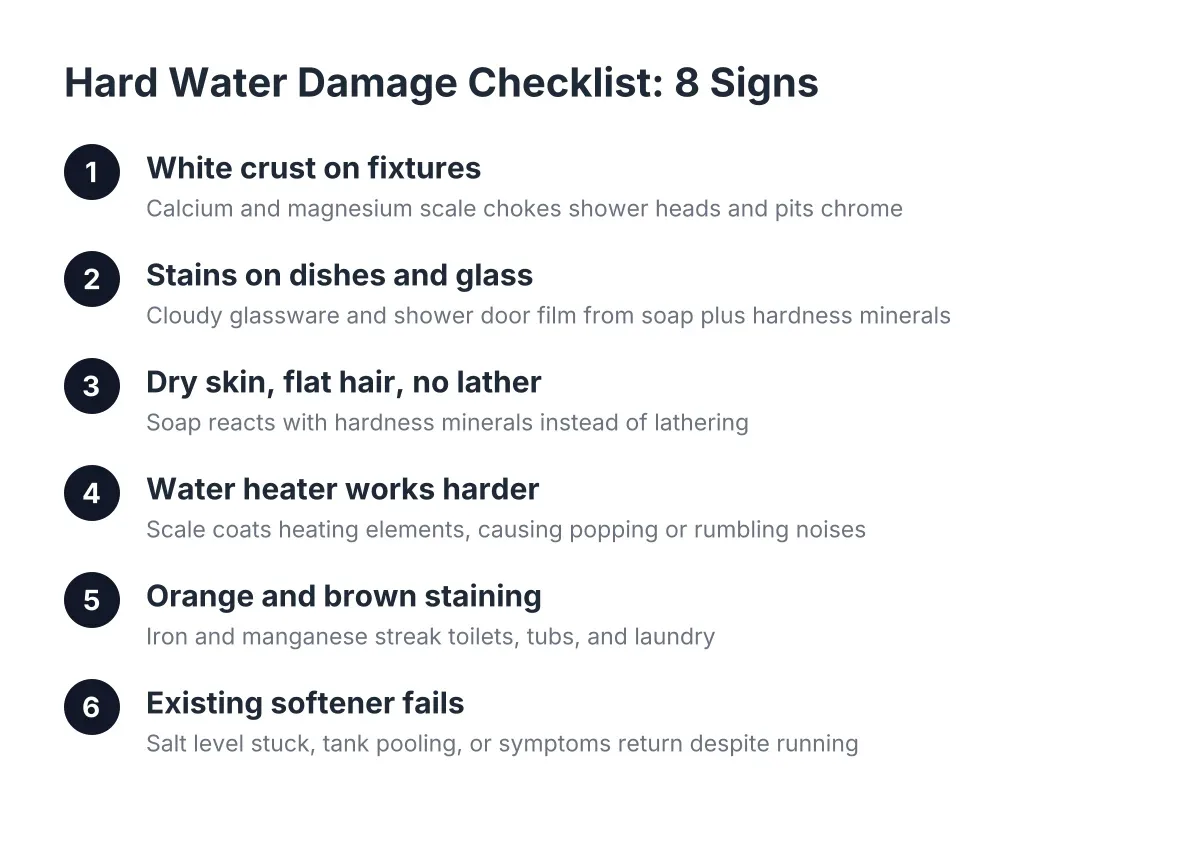 Steps in a hard water damage checklist showing signs you need water softener installation