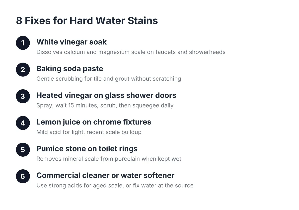 Steps showing hard water stain remover methods for glass, fixtures, and tile
