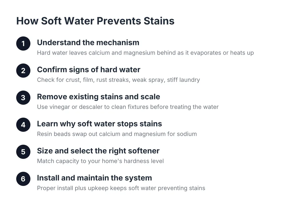 Diagram of steps showing how soft water prevents stains in a home