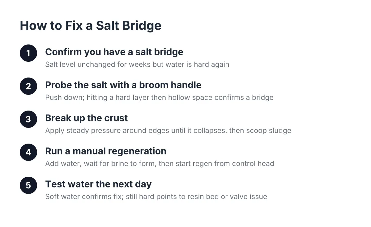 Numbered steps to fix a salt bridge in a water softener brine tank