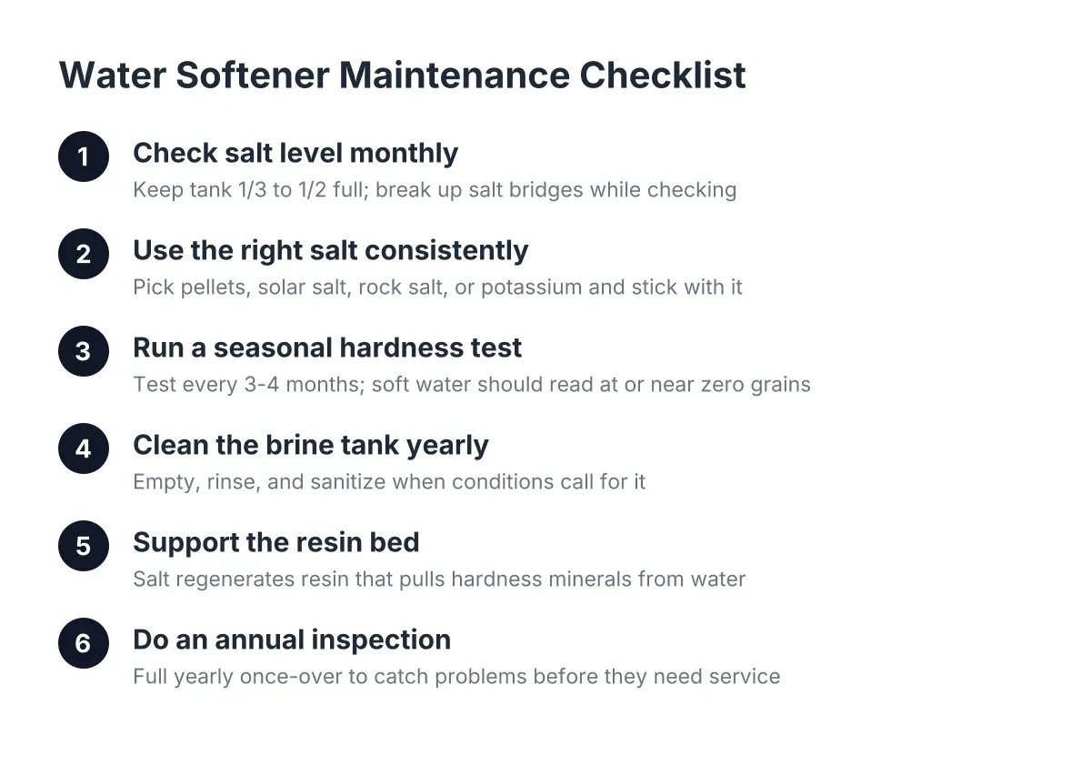 Steps in a water softener maintenance checklist from monthly salt checks to annual inspection