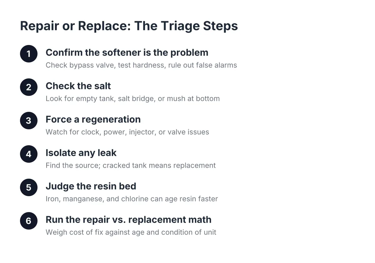 Diagram of steps to triage water softener repair or replacement decisions