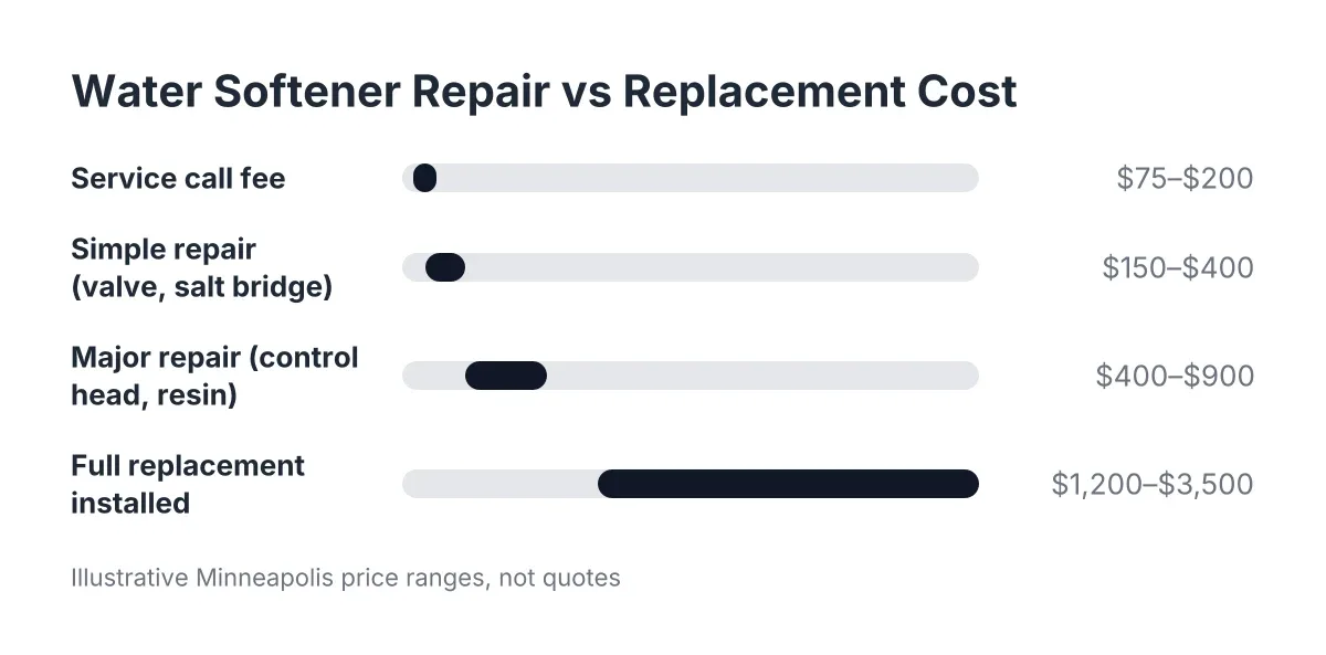 Cost range chart comparing emergency water softener repair and replacement prices in Minneapolis