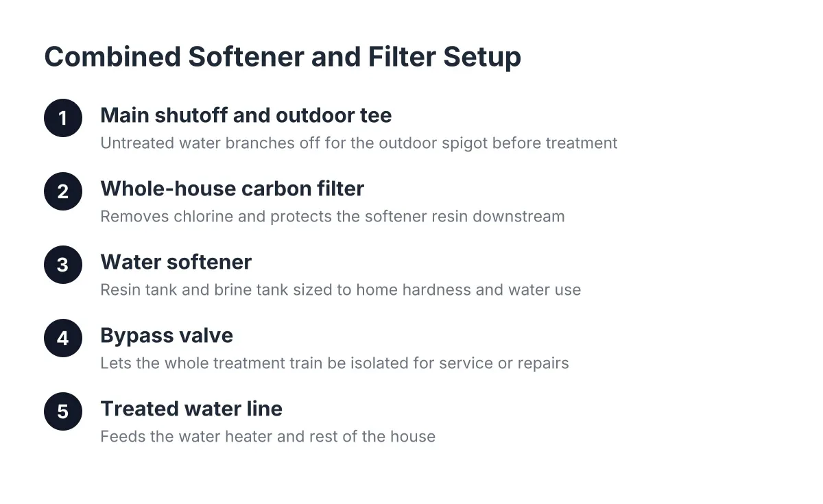 Diagram of steps combining a water softener and filter on one home water line
