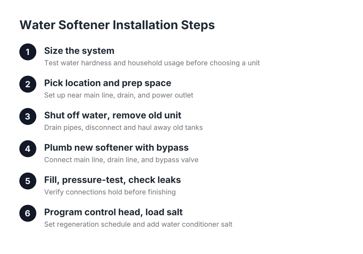 Diagram of water softener installation steps from sizing to first regeneration