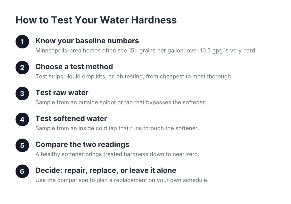 Steps to test water hardness at home and check softener performance in Minneapolis